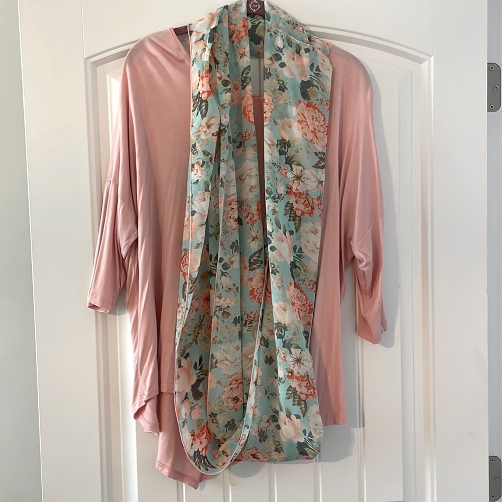 Bobeau Dolman Top with Matching Scarf, Blush/Floral, M